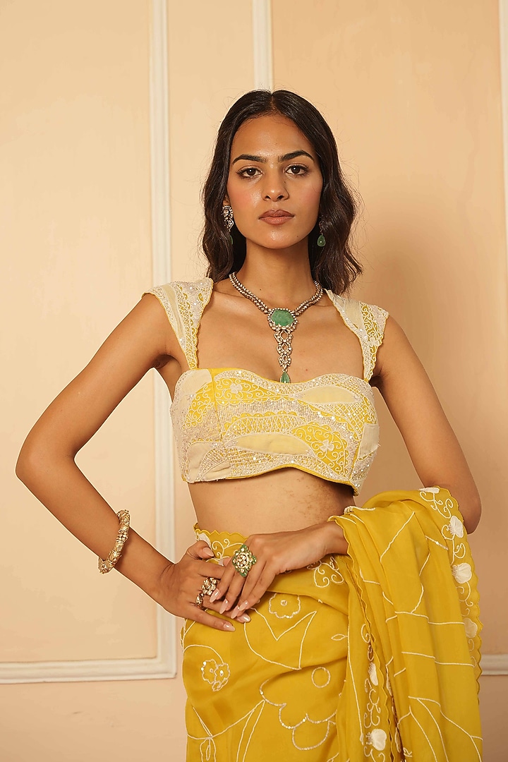 Yellow Chiffon Hand Embroidered Wedding Saree Set by House of Armuse at Pernia's Pop Up Shop