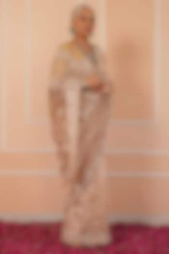 Beige Tissue Hand Embroidered Reception Saree Set by House of Armuse at Pernia's Pop Up Shop