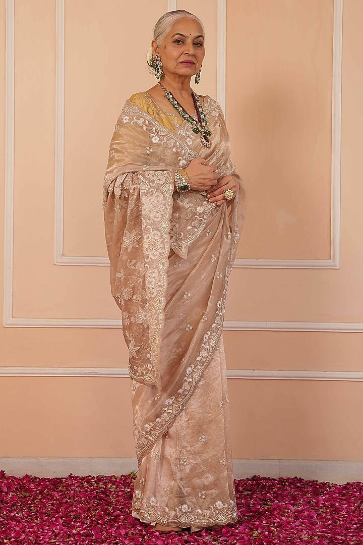 Beige Tissue Hand Embroidered Reception Saree Set by House of Armuse at Pernia's Pop Up Shop