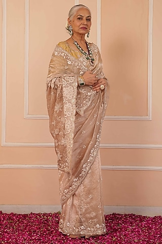 Beige Tissue Hand Embroidered Saree Set by House of Armuse