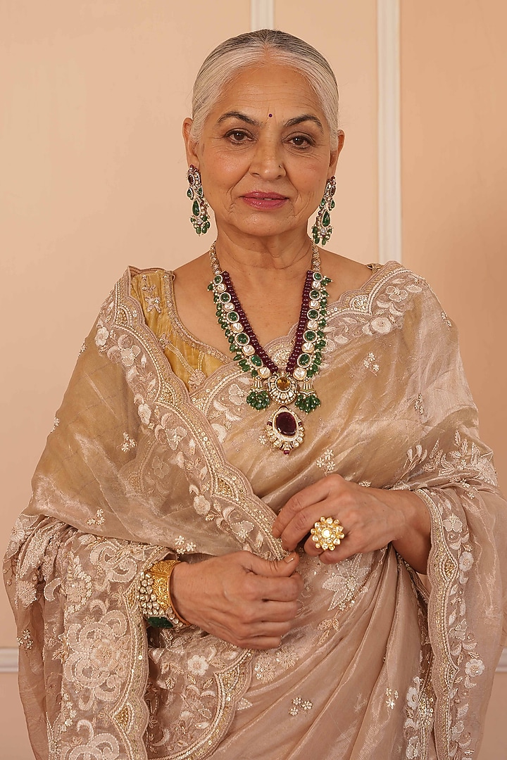 Beige Tissue Hand Embroidered Reception Saree Set by House of Armuse at Pernia's Pop Up Shop