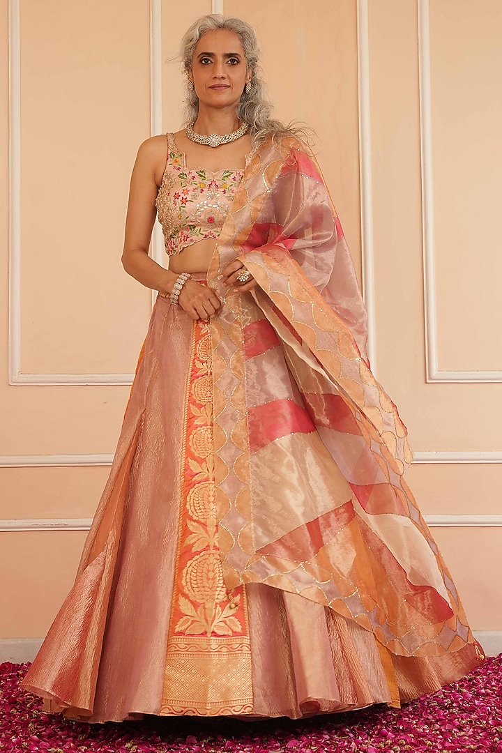 Orange & Lilac Tissue Hand Painted Wedding Lehenga Set by House of Armuse at Pernia's Pop Up Shop
