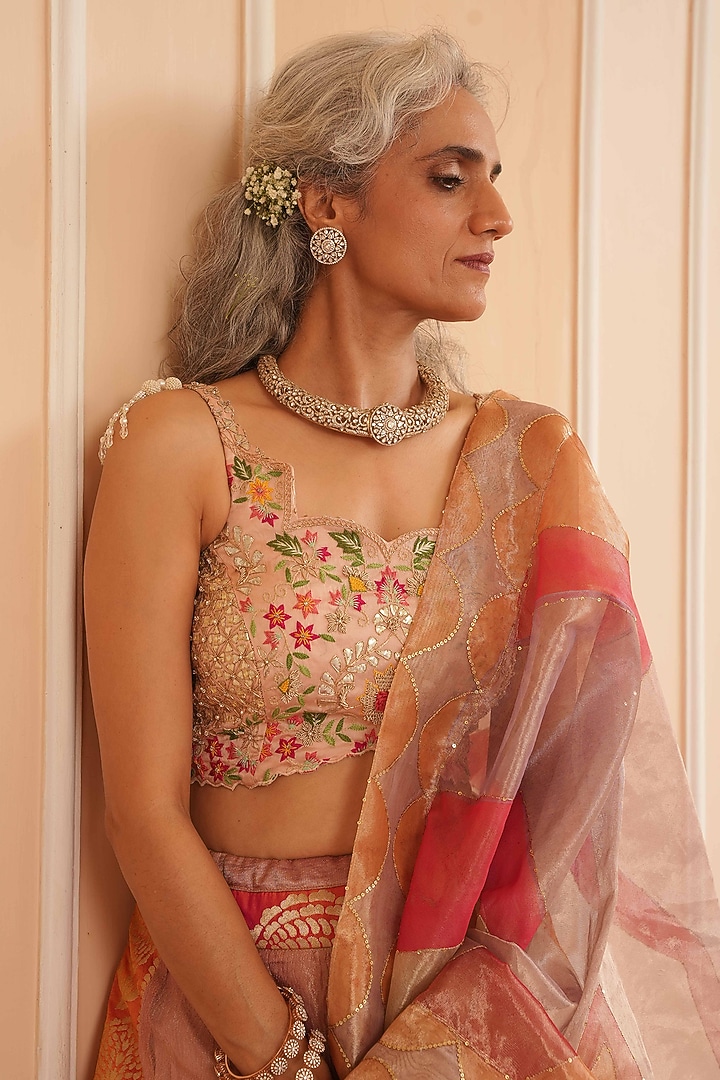 Orange & Lilac Tissue Hand Painted Wedding Lehenga Set by House of Armuse at Pernia's Pop Up Shop