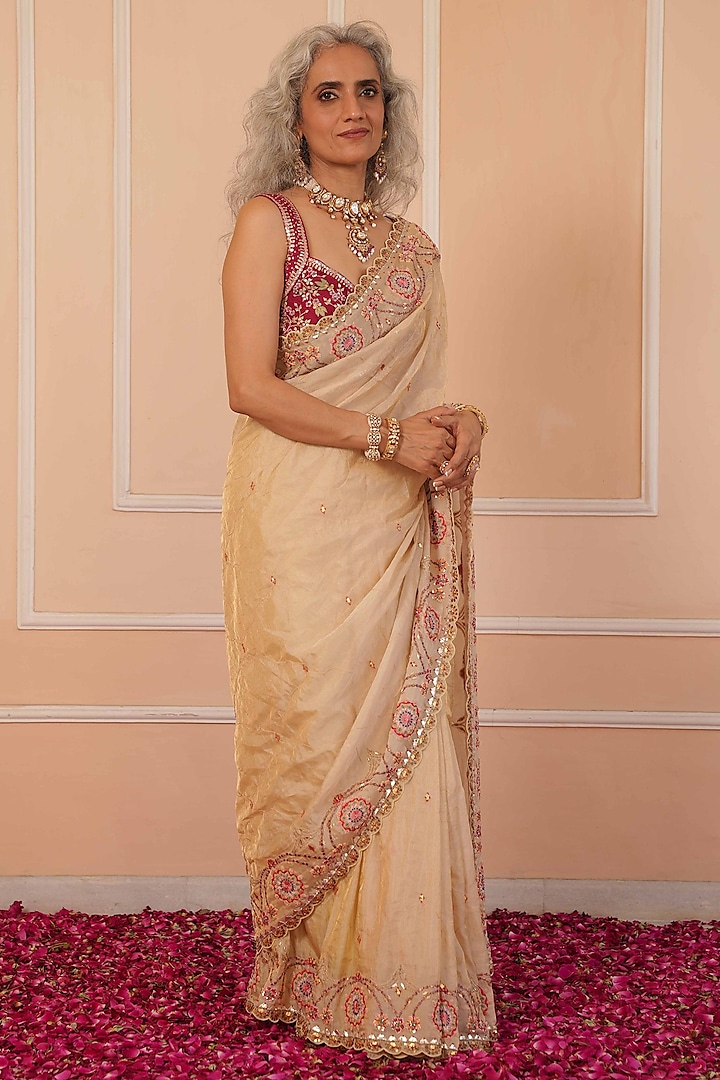 Gold Tissue Hand Embroidered Wedding Saree Set by House of Armuse at Pernia's Pop Up Shop