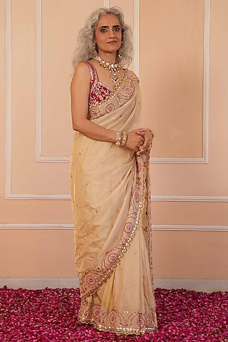 Gold Tissue Hand Embroidered Saree Set by House of Armuse