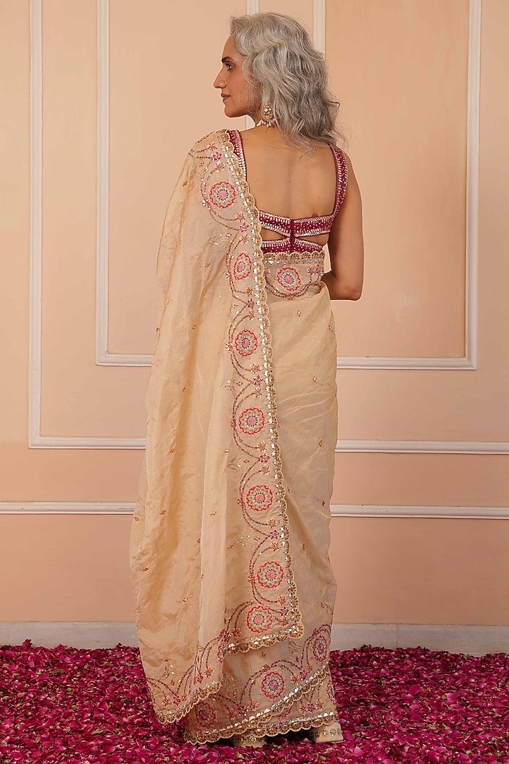 Gold Tissue Hand Embroidered Wedding Saree Set by House of Armuse at Pernia's Pop Up Shop