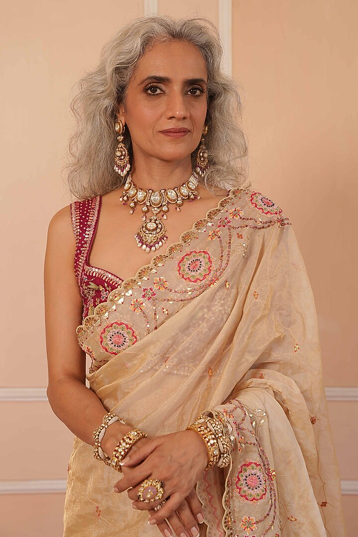 Gold Tissue Hand Embroidered Wedding Saree Set by House of Armuse at Pernia's Pop Up Shop