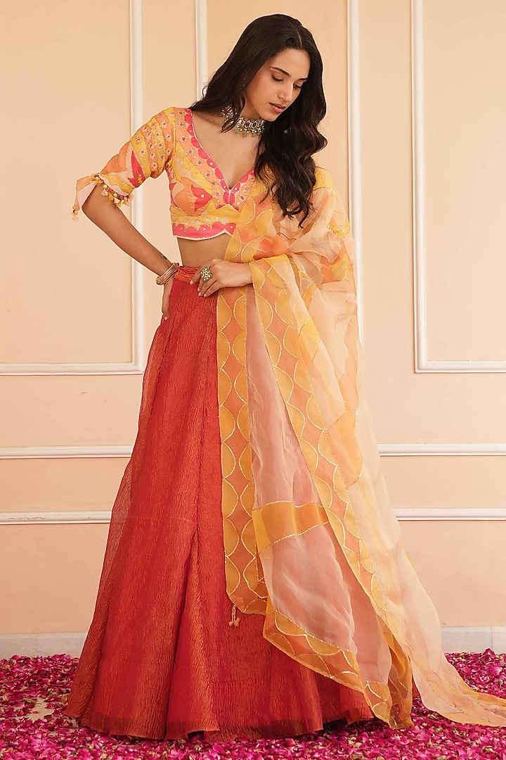 Red Tissue Wedding Lehenga Set by House of Armuse at Pernia's Pop Up Shop