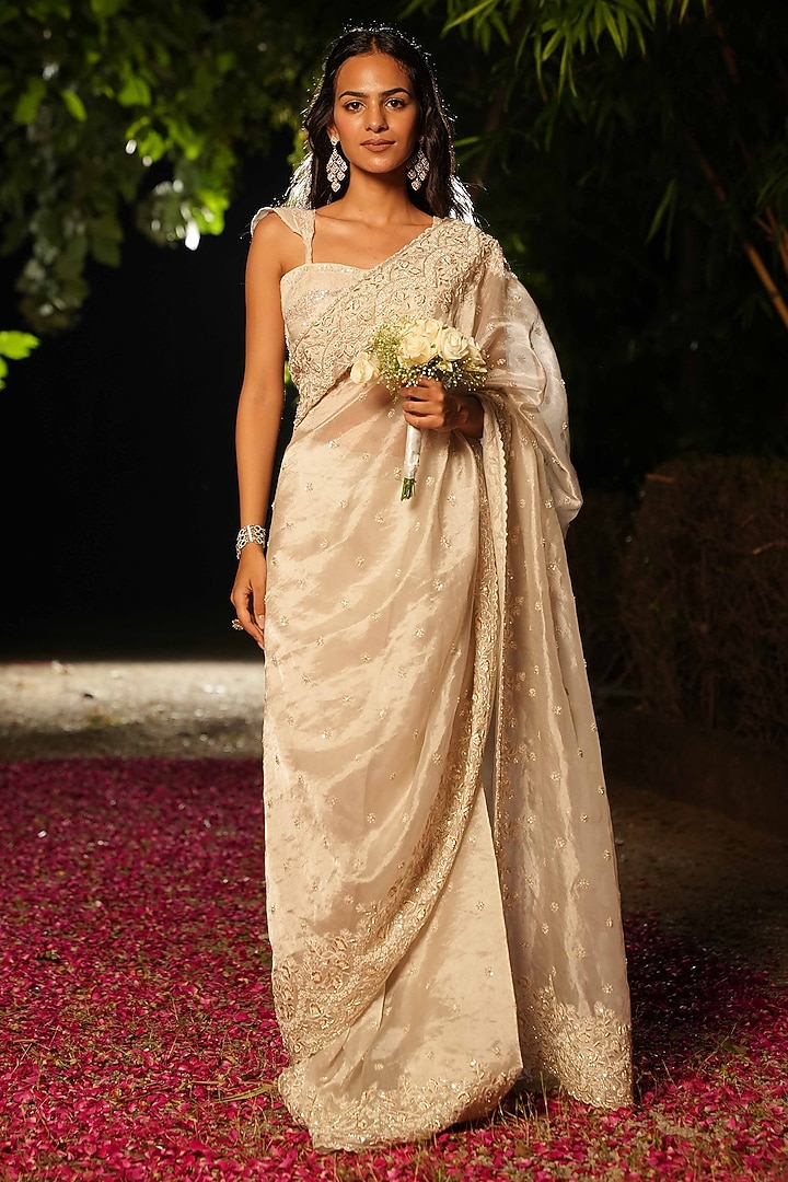 Silver Tissue Cutdana Embroidered Wedding Saree Set by House of Armuse at Pernia's Pop Up Shop