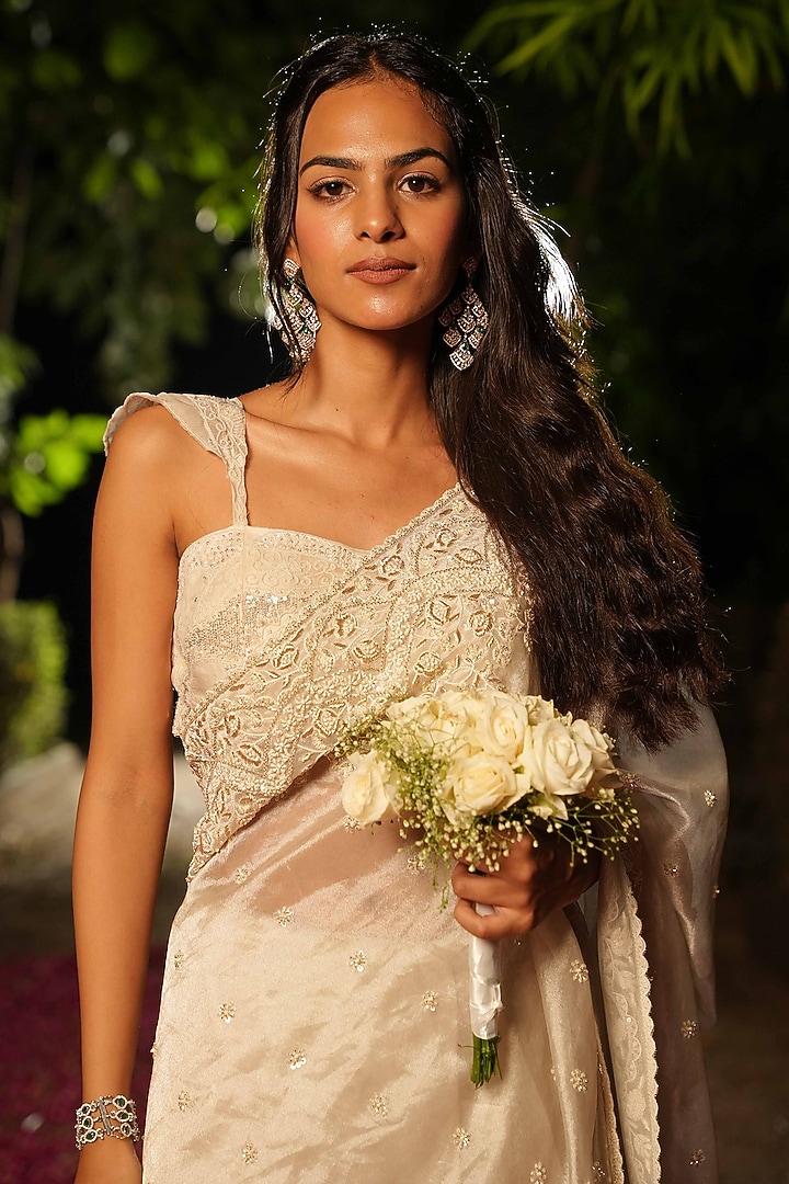 Silver Tissue Cutdana Embroidered Wedding Saree Set by House of Armuse at Pernia's Pop Up Shop