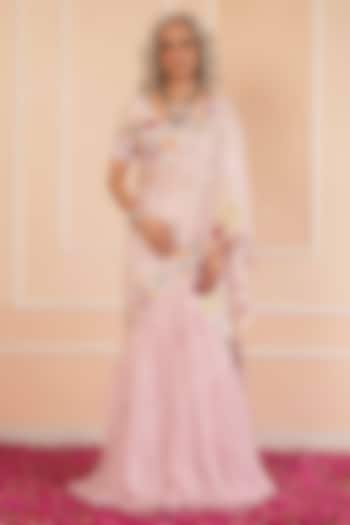 Lilac Malai Silk Hand Painted Frilled Draped Reception Saree Set by House of Armuse at Pernia's Pop Up Shop