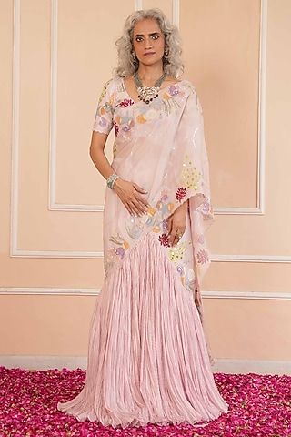 Lilac Malai Silk Hand Painted Frilled Draped Saree Set by House of Armuse