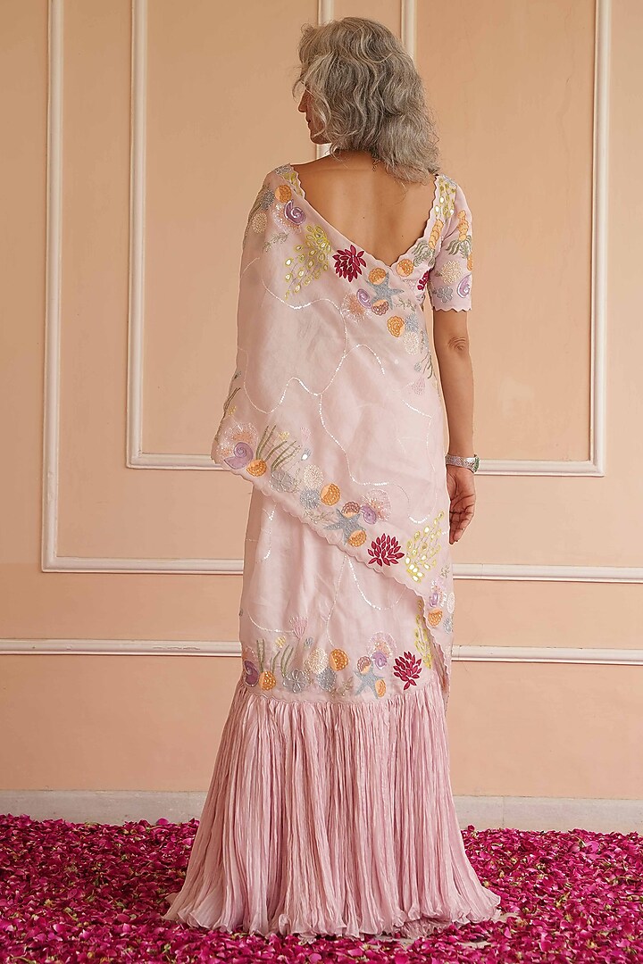 Lilac Malai Silk Hand Painted Frilled Draped Reception Saree Set by House of Armuse at Pernia's Pop Up Shop