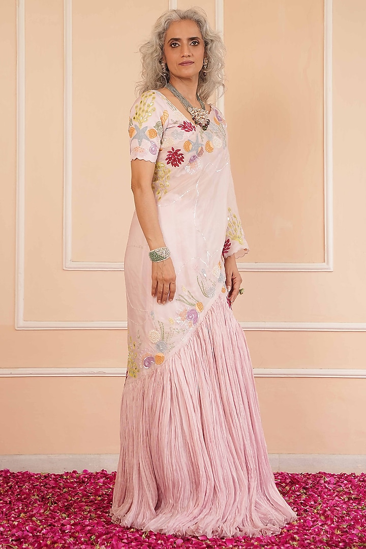 Lilac Malai Silk Hand Painted Frilled Draped Reception Saree Set by House of Armuse at Pernia's Pop Up Shop