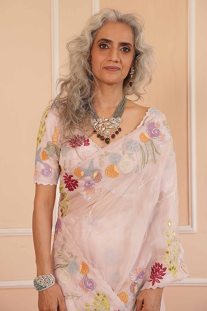Lilac Malai Silk Hand Painted Frilled Draped Reception Saree Set by House of Armuse at Pernia's Pop Up Shop