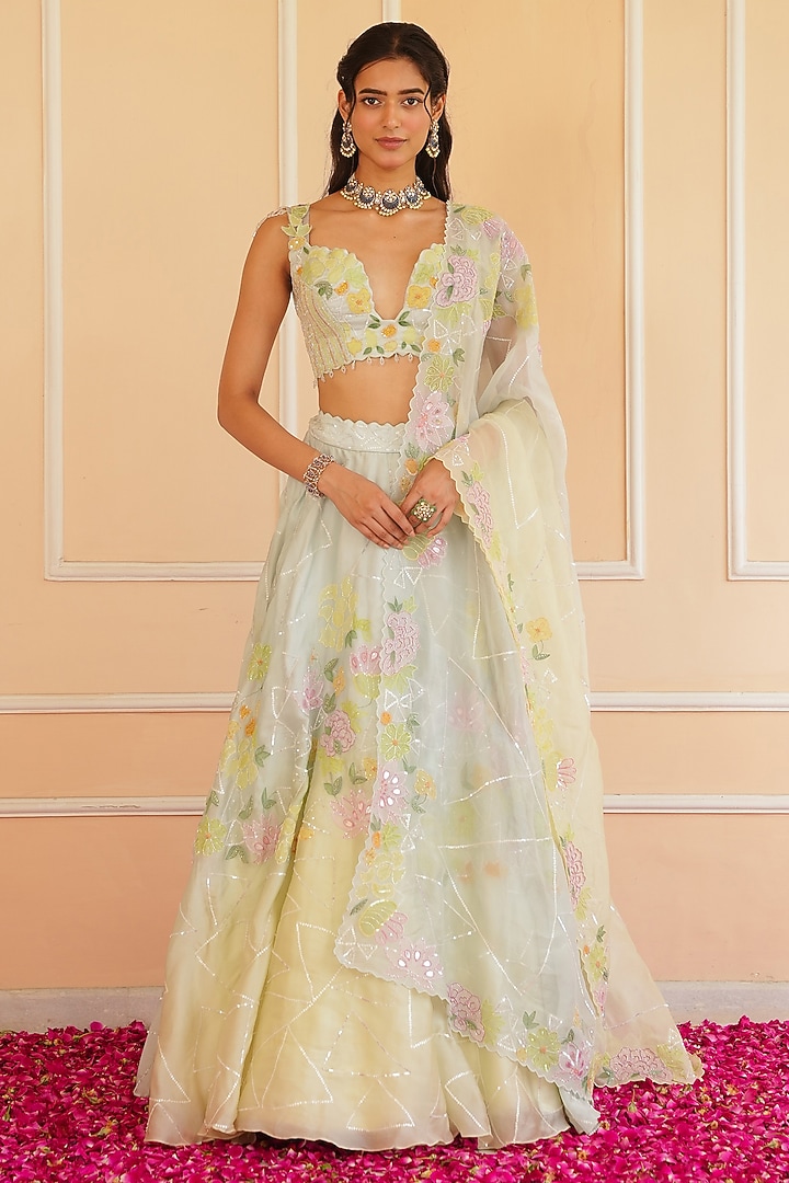 Ice Blue & Pale Green Organza Hand Painted Wedding Lehenga Set by House of Armuse at Pernia's Pop Up Shop