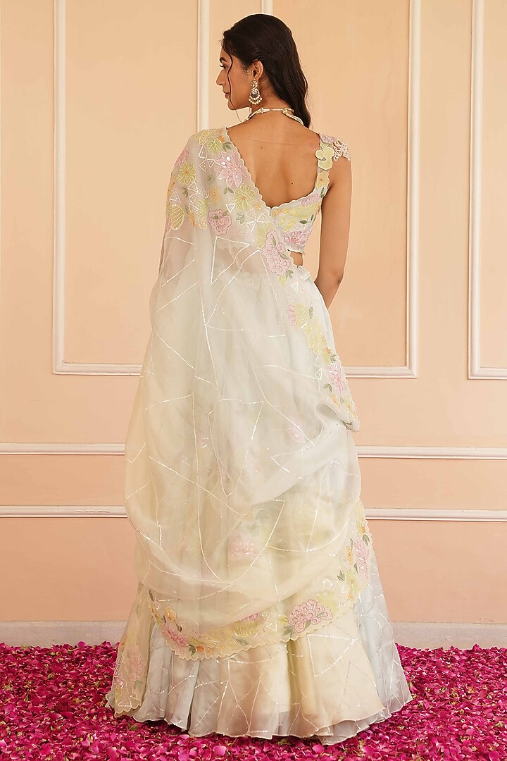Ice Blue & Pale Green Organza Hand Painted Wedding Lehenga Set by House of Armuse at Pernia's Pop Up Shop