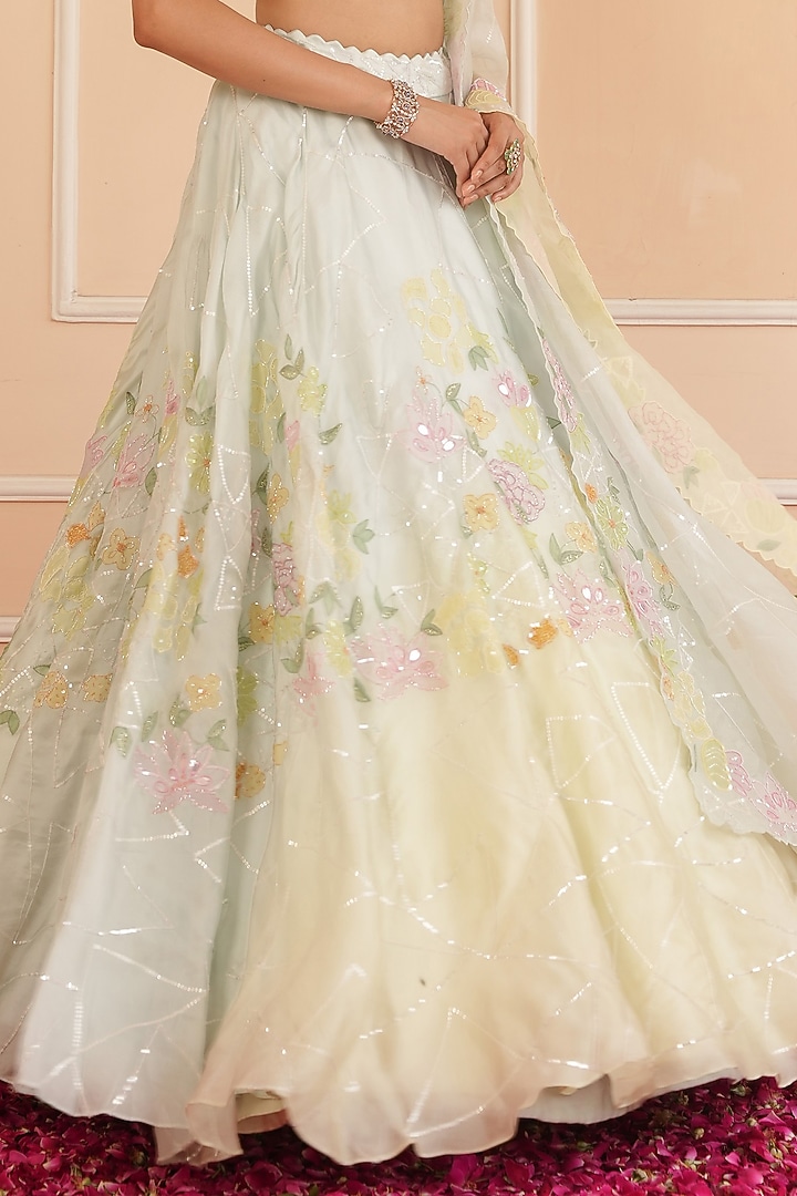 Ice Blue & Pale Green Organza Hand Painted Wedding Lehenga Set by House of Armuse at Pernia's Pop Up Shop