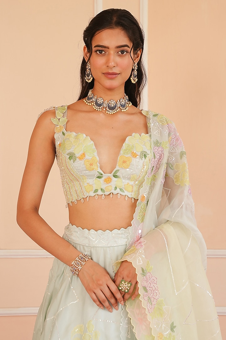 Ice Blue & Pale Green Organza Hand Painted Wedding Lehenga Set by House of Armuse at Pernia's Pop Up Shop