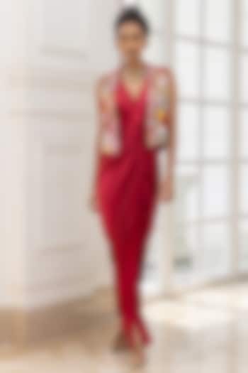 Red Silk Organza Embroidered Party Wear Dress With Jacket by House of Armuse at Pernia's Pop Up Shop