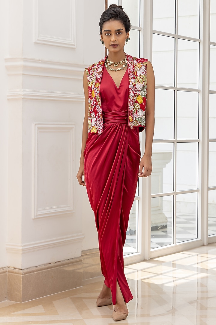 Red Silk Organza Embroidered Party Wear Dress With Jacket by House of Armuse at Pernia's Pop Up Shop