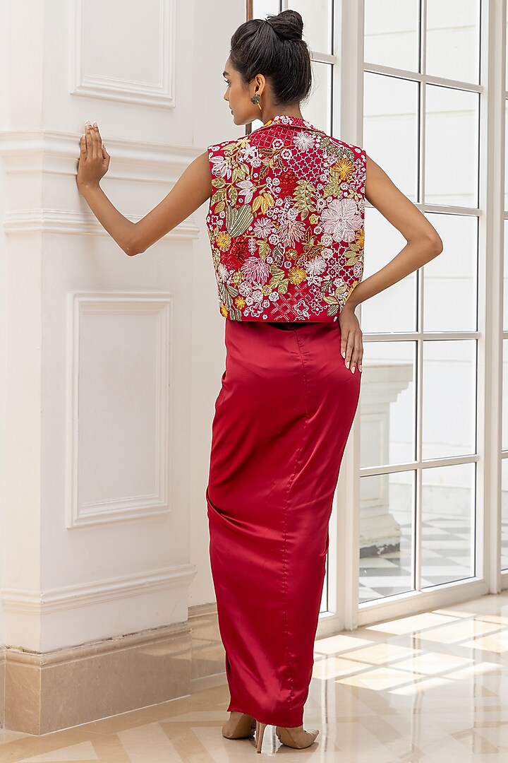 Red Silk Organza Embroidered Party Wear Dress With Jacket by House of Armuse at Pernia's Pop Up Shop