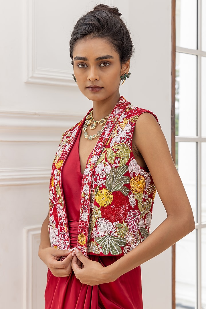 Red Silk Organza Embroidered Party Wear Dress With Jacket by House of Armuse at Pernia's Pop Up Shop