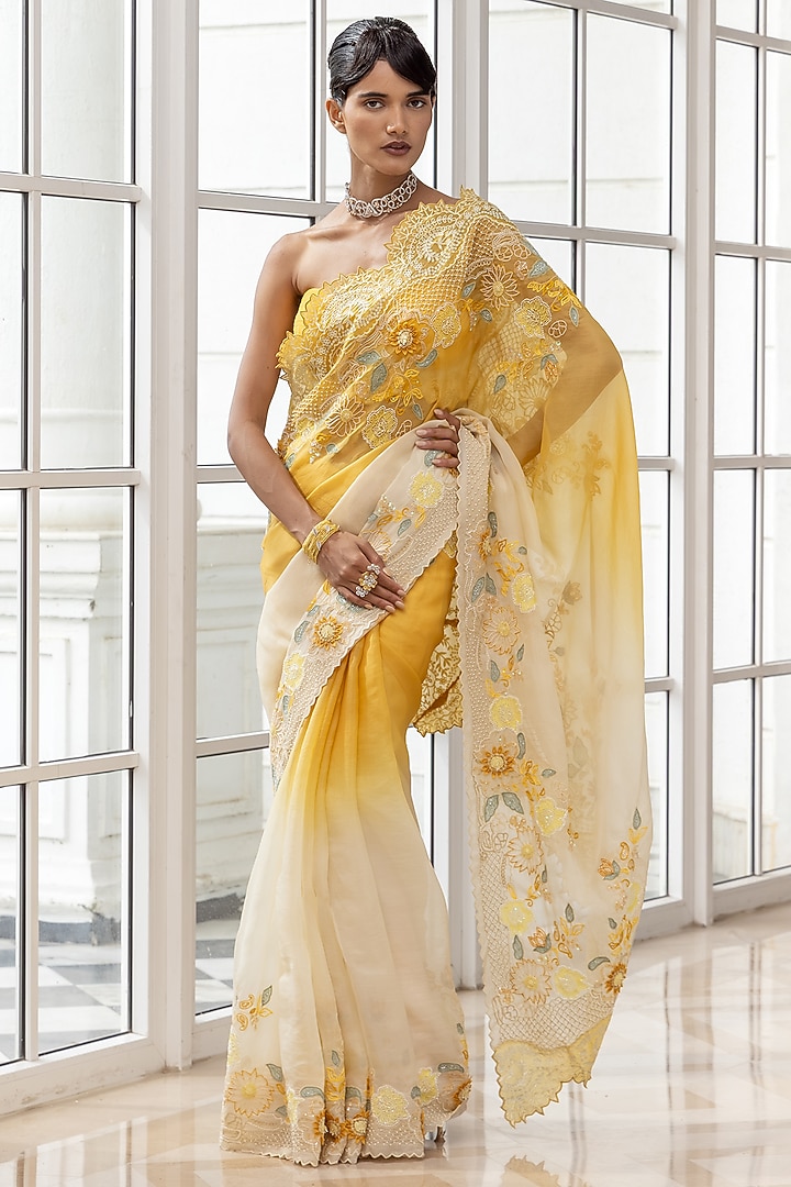 Ivory-Yellow Organza Hand Embroidered Ombre Reception Saree Set by House of Armuse at Pernia's Pop Up Shop