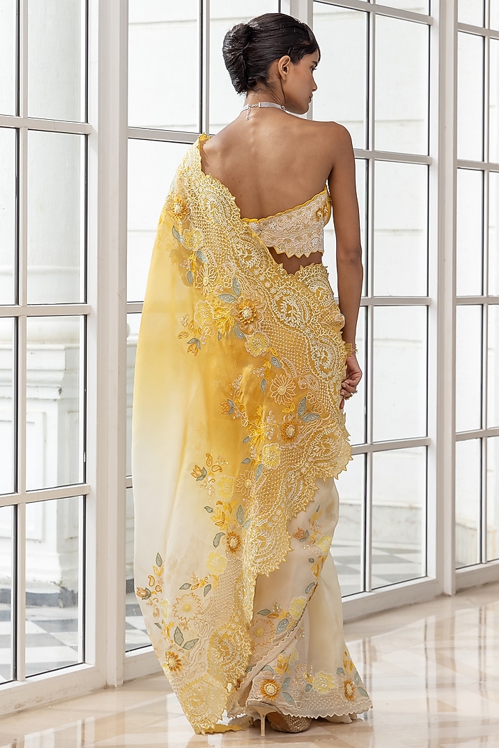 Ivory-Yellow Organza Hand Embroidered Ombre Reception Saree Set by House of Armuse at Pernia's Pop Up Shop