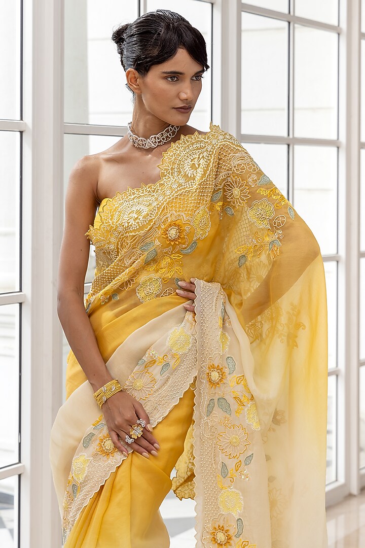 Ivory-Yellow Organza Hand Embroidered Ombre Reception Saree Set by House of Armuse at Pernia's Pop Up Shop