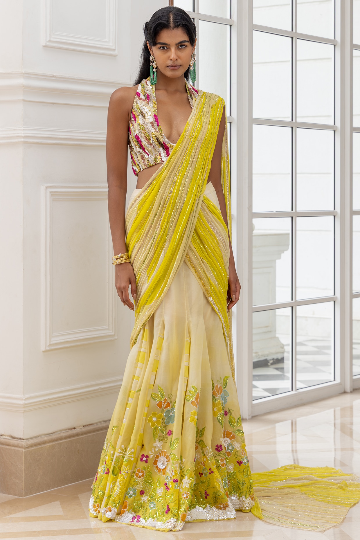 House of Armuse Yellow & Ivory Net Handpainted Pre-Draped Saree Set