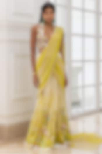 Yellow & Ivory Net Handpainted Pre-Draped Reception Saree Set by House of Armuse at Pernia's Pop Up Shop