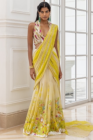 Yellow & Ivory Net Handpainted Pre-Draped Saree Set by House of Armuse