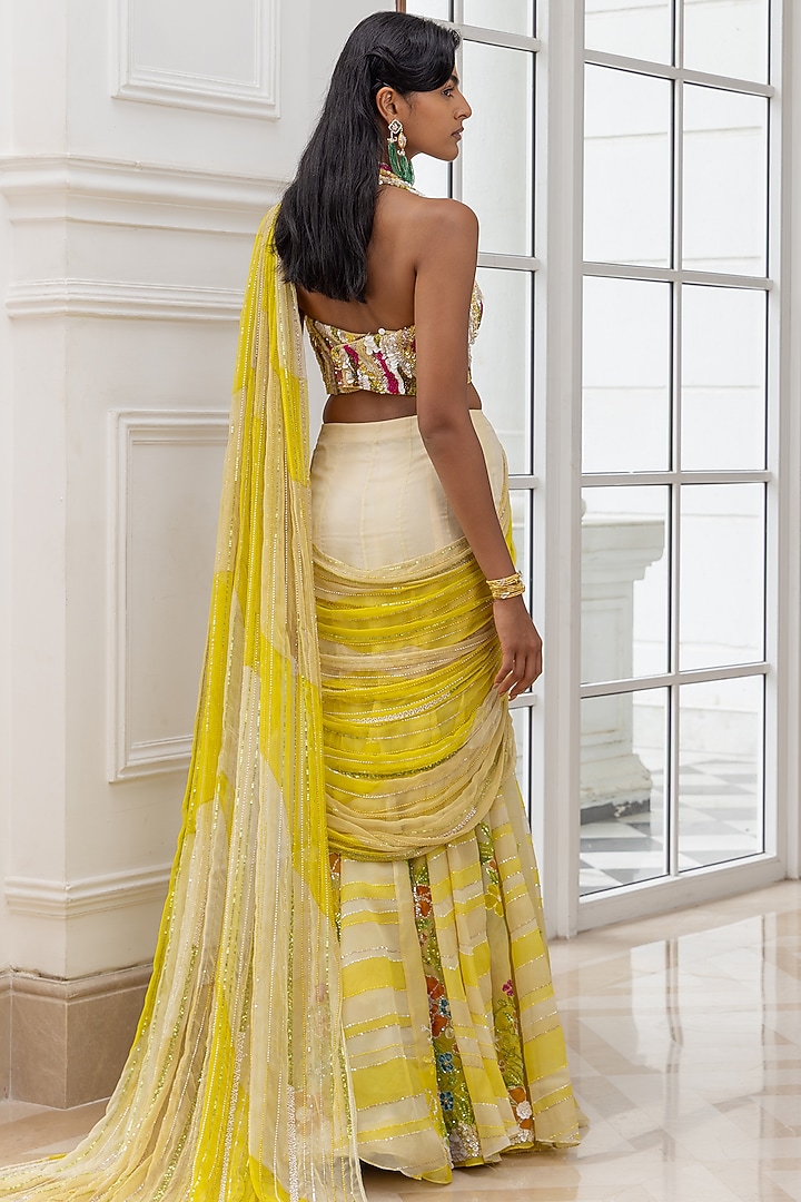 Yellow & Ivory Net Handpainted Pre-Draped Reception Saree Set by House of Armuse at Pernia's Pop Up Shop