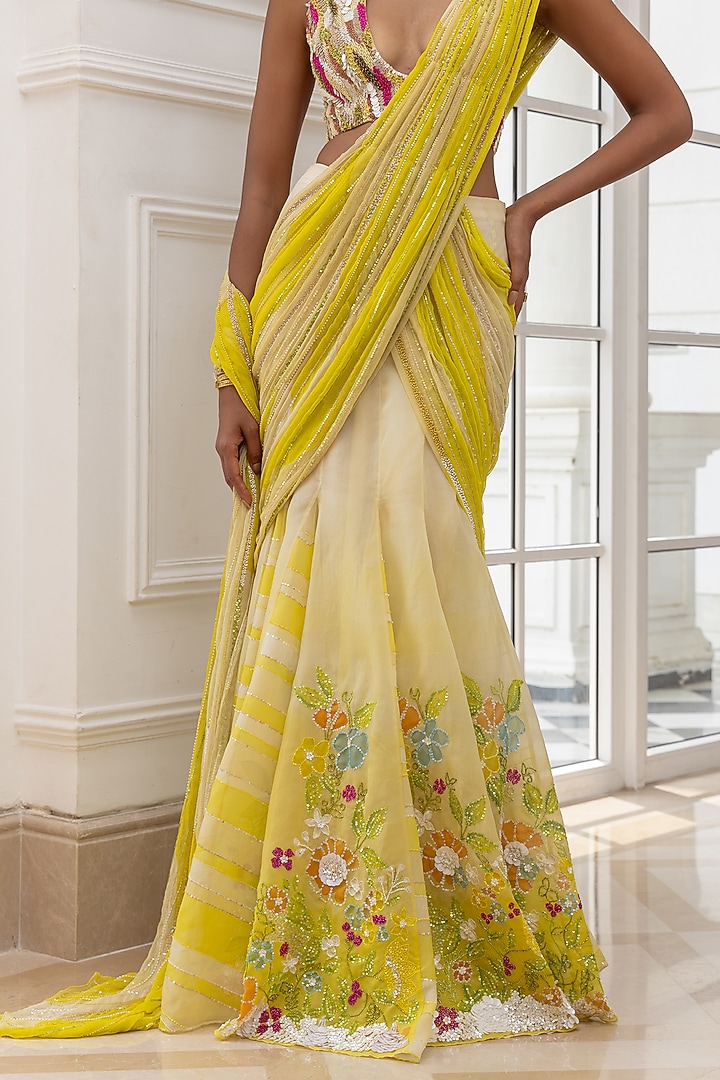 Yellow & Ivory Net Handpainted Pre-Draped Reception Saree Set by House of Armuse at Pernia's Pop Up Shop