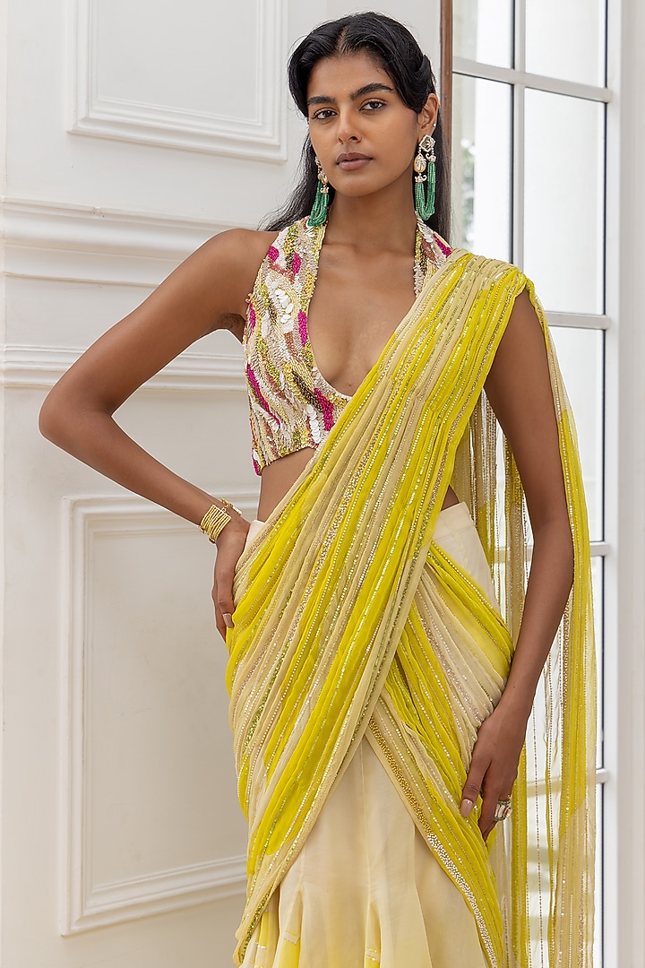 Yellow & Ivory Net Handpainted Pre-Draped Reception Saree Set by House of Armuse at Pernia's Pop Up Shop