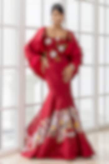 Red Satin Organza Floral Embroidered Cape Party Wear Dress by House of Armuse at Pernia's Pop Up Shop