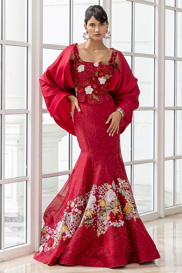 Red Satin Organza Floral Embroidered Cape Party Wear Dress by House of Armuse at Pernia's Pop Up Shop