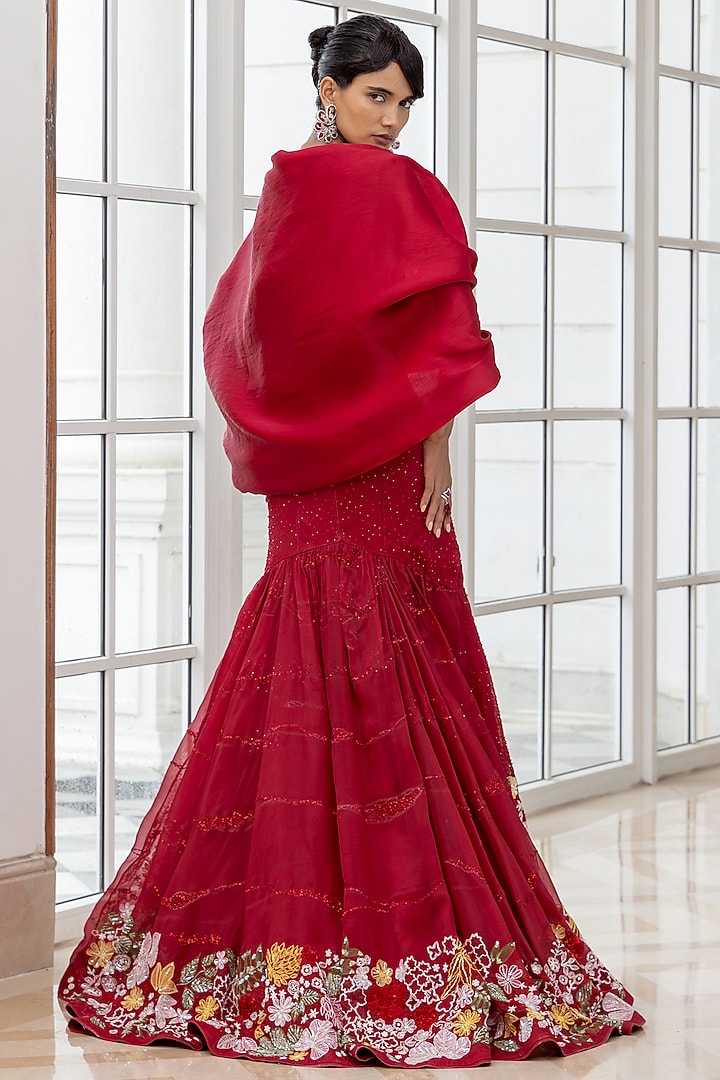 Red Satin Organza Floral Embroidered Cape Party Wear Dress by House of Armuse at Pernia's Pop Up Shop