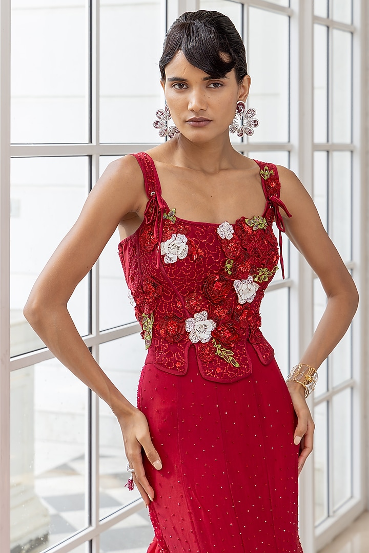 Red Satin Organza Floral Embroidered Cape Party Wear Dress by House of Armuse at Pernia's Pop Up Shop