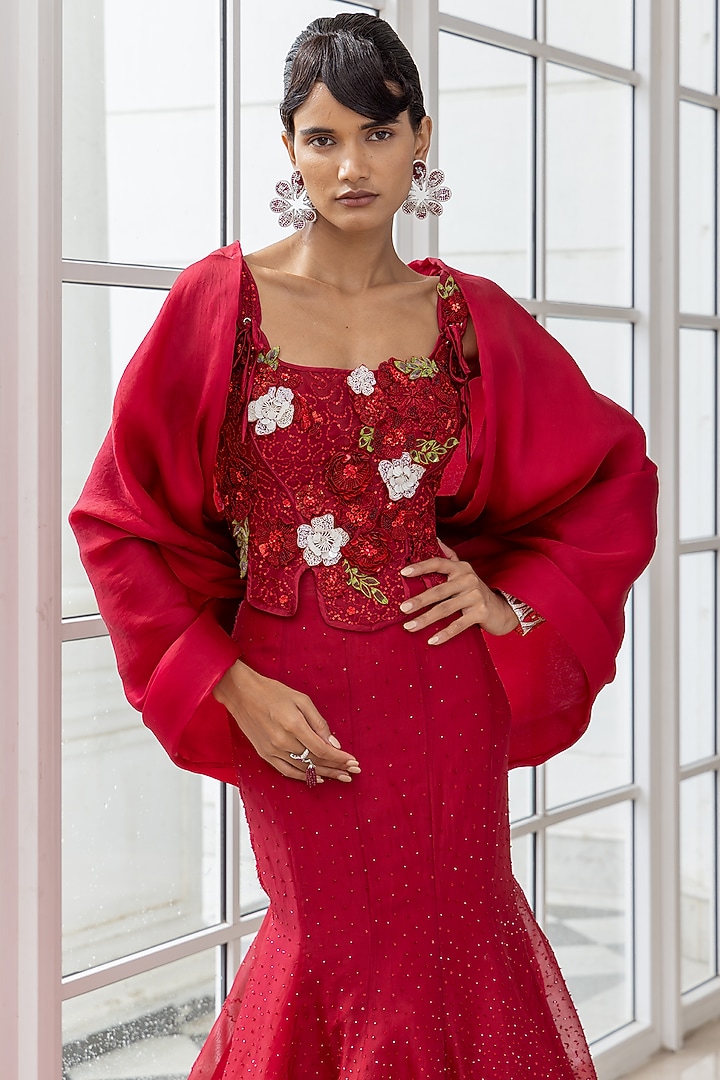 Red Satin Organza Floral Embroidered Cape Party Wear Dress by House of Armuse at Pernia's Pop Up Shop