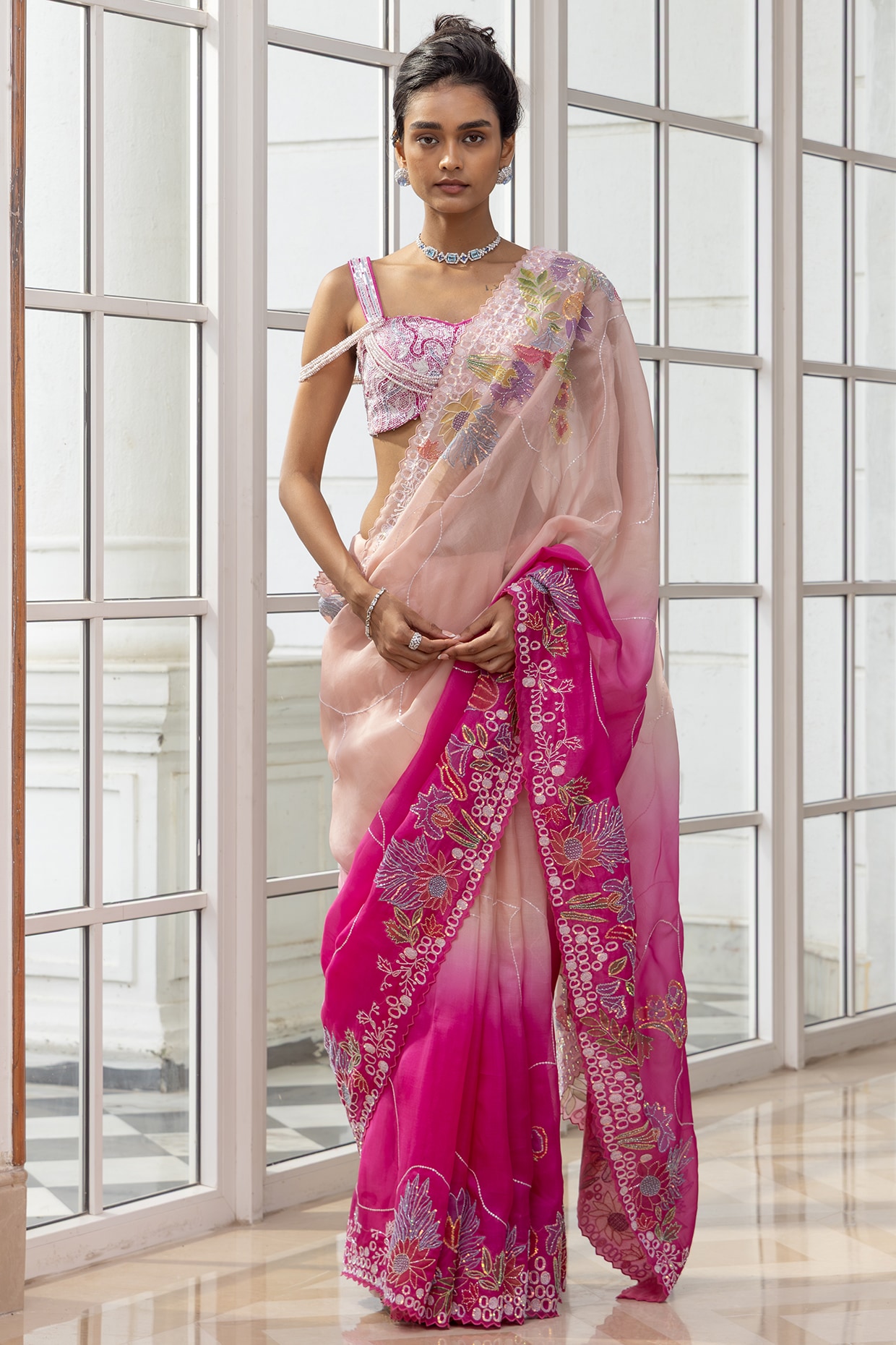 House of Armuse Ivory & Pink Dual Shaded Organza Ombre Embroidered Pre-Draped Saree Set