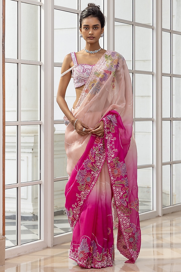 Ivory & Pink Dual Shaded Organza Ombre Embroidered Pre-Draped Wedding Saree Set by House of Armuse at Pernia's Pop Up Shop