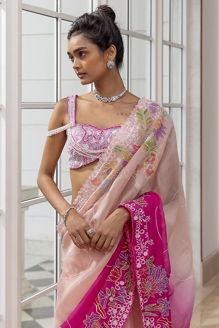 Ivory & Pink Dual Shaded Organza Ombre Embroidered Pre-Draped Wedding Saree Set by House of Armuse at Pernia's Pop Up Shop