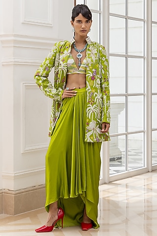 Lime Green Satin Organza High-Waisted Flowy Skirt Set by House of Armuse