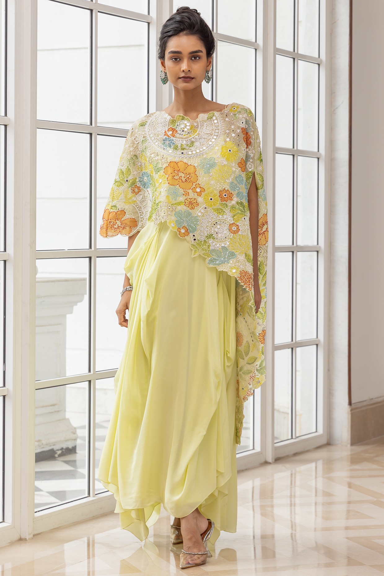 House of Armuse Lime Yellow Silk Organza & Crepe Cape Dress