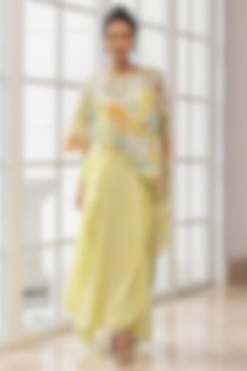 Lime Yellow Silk Organza & Crepe Cape Party Wear Dress by House of Armuse at Pernia's Pop Up Shop