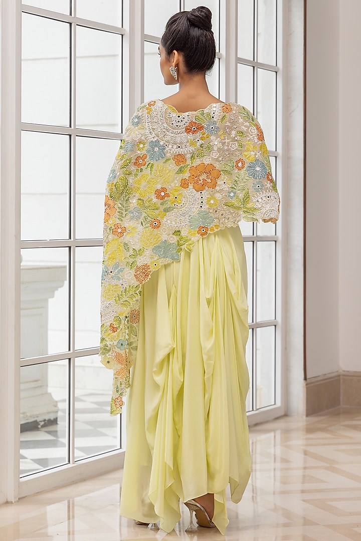 Lime Yellow Silk Organza & Crepe Cape Party Wear Dress by House of Armuse at Pernia's Pop Up Shop