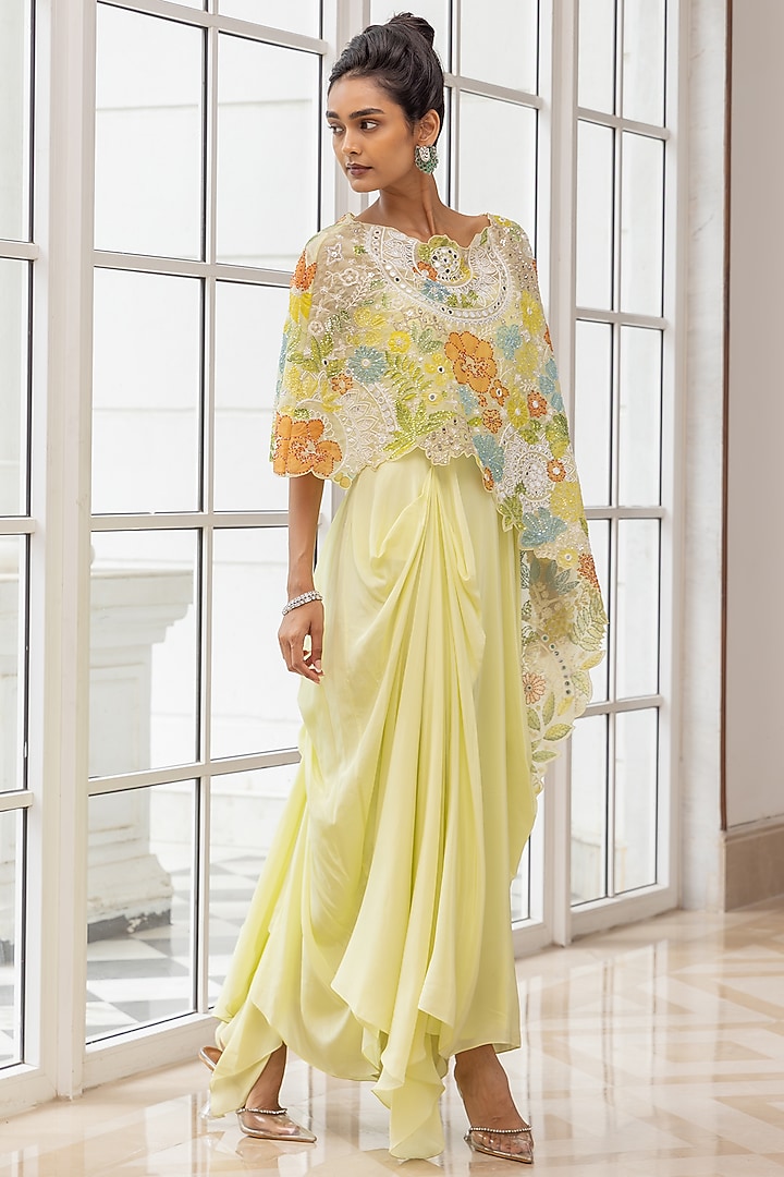Lime Yellow Silk Organza & Crepe Cape Party Wear Dress by House of Armuse at Pernia's Pop Up Shop