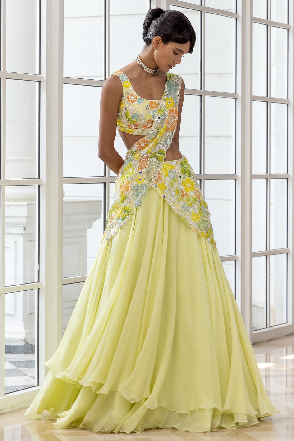 House of Armuse Lime Yellow Silk Organza & Crepe Hand Embroidered Double-Layered Lehenga Set